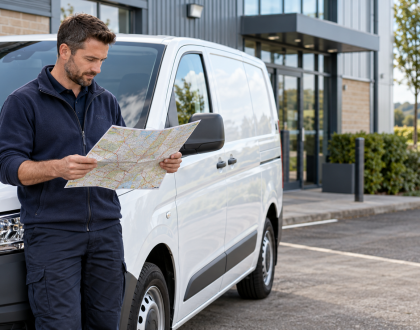 Fleet coordinator reviewing a map beside a white work van to plan routes and reduce fleet mileage.