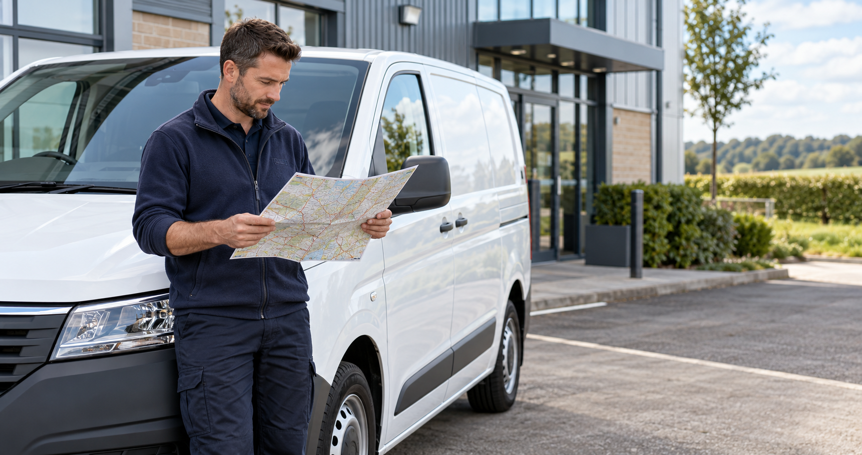 Fleet coordinator reviewing a map beside a white work van to plan routes and reduce fleet mileage.