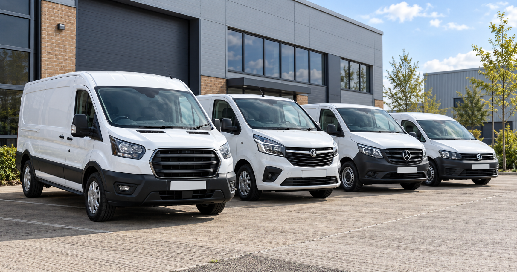 Vehicle tracking for small businesses – four white fleet vans outside business premises